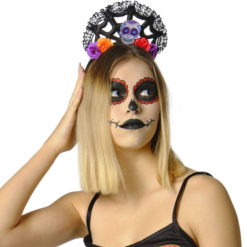 Diadema Catrina con flores y calavera