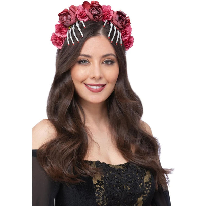 Diadema de Catrina con flores y huesos