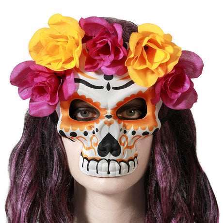 Máscara Catrina con Flores naranjas y moradas