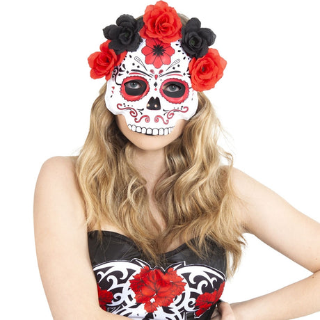 Máscara Catrina con flores rojas y negras