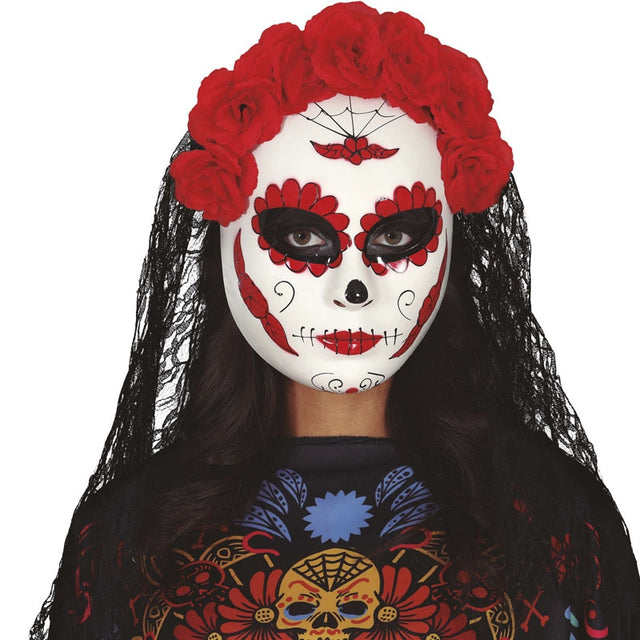 Máscara Catrina con flores y velo