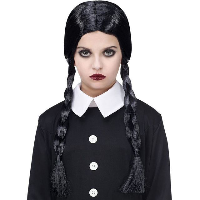 Peluca Miércoles Addams con trenzas infantil